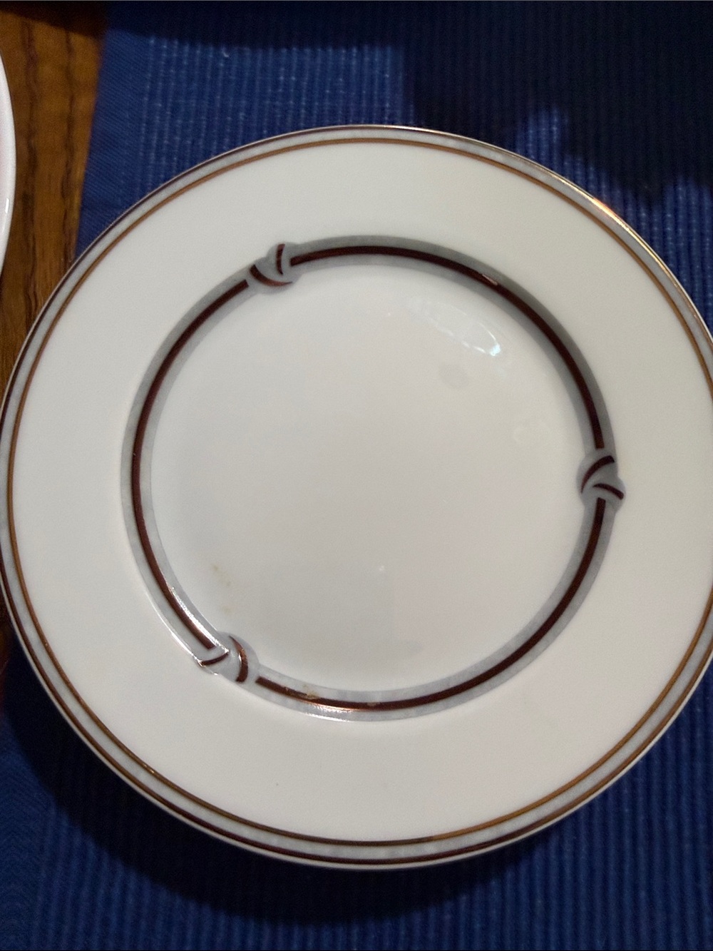 Christofle Paris White Porcelain Plate with Gray and Gold Banding x2